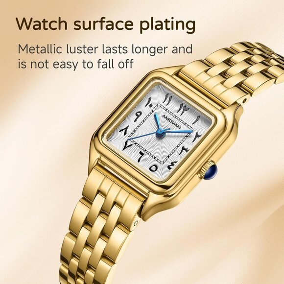 Vintage Gold Watch for Women Small Wrist Rectangular Quartz Water-Resistant